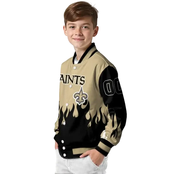 personalized new orleans saints flame border gold black varsity jacket trendy