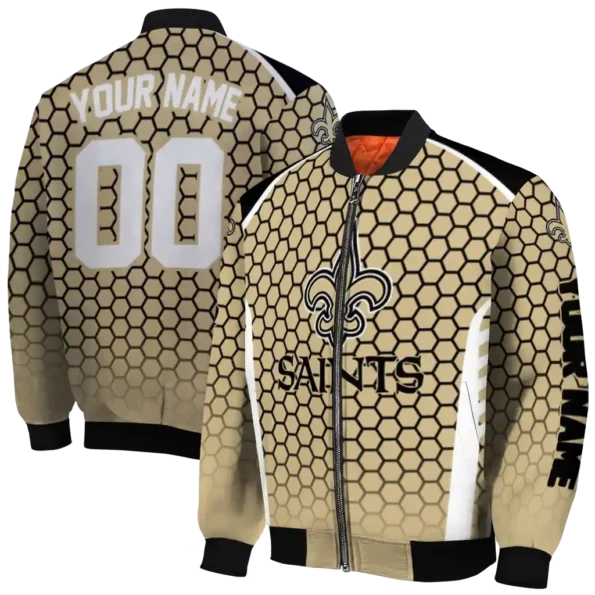 personalized new orleans saints hexagon grid gold bomber jacket fashion forward