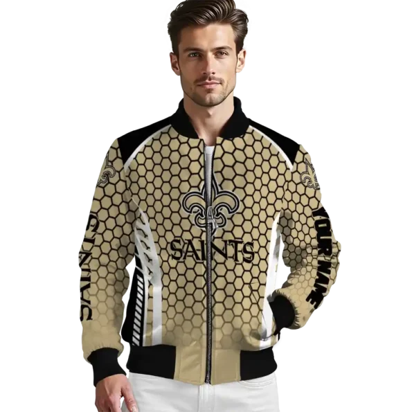 personalized new orleans saints hexagon grid gold bomber jacket high quality