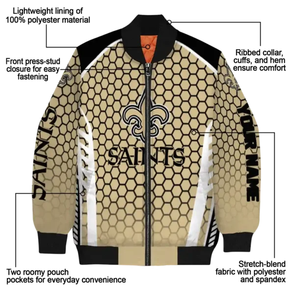 personalized new orleans saints hexagon grid gold bomber jacket new arrival