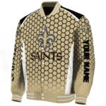 personalized new orleans saints hexagon grid gold varsity jacket best selling