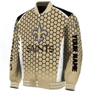 personalized new orleans saints hexagon grid gold varsity jacket best selling