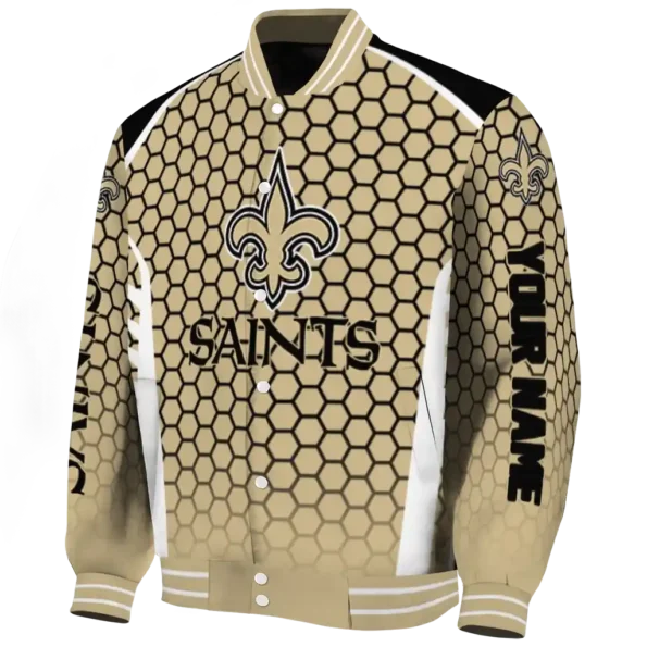 personalized new orleans saints hexagon grid gold varsity jacket best selling