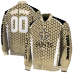 personalized new orleans saints hexagon grid gold varsity jacket best selling