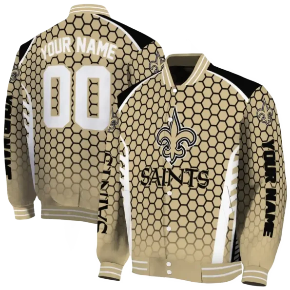 personalized new orleans saints hexagon grid gold varsity jacket fashion forward