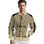 personalized new orleans saints hexagon grid gold varsity jacket best selling