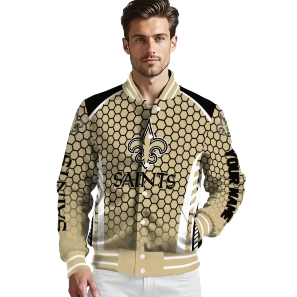 personalized new orleans saints hexagon grid gold varsity jacket high quality