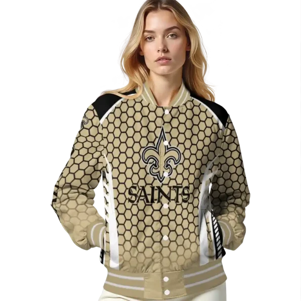personalized new orleans saints hexagon grid gold varsity jacket latest model