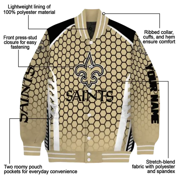 personalized new orleans saints hexagon grid gold varsity jacket new arrival