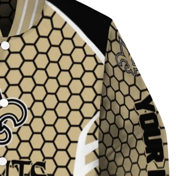 personalized new orleans saints hexagon grid gold varsity jacket premium grade