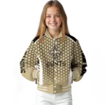 personalized new orleans saints hexagon grid gold varsity jacket best selling