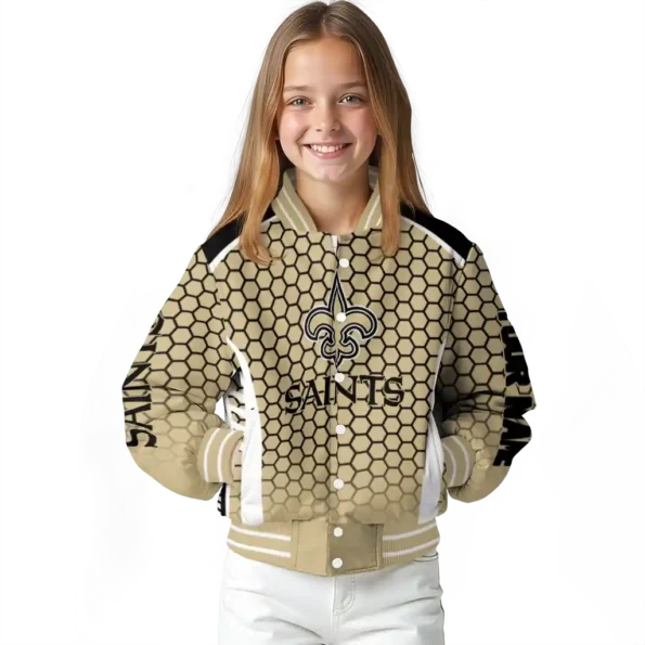 personalized new orleans saints hexagon grid gold varsity jacket top rated