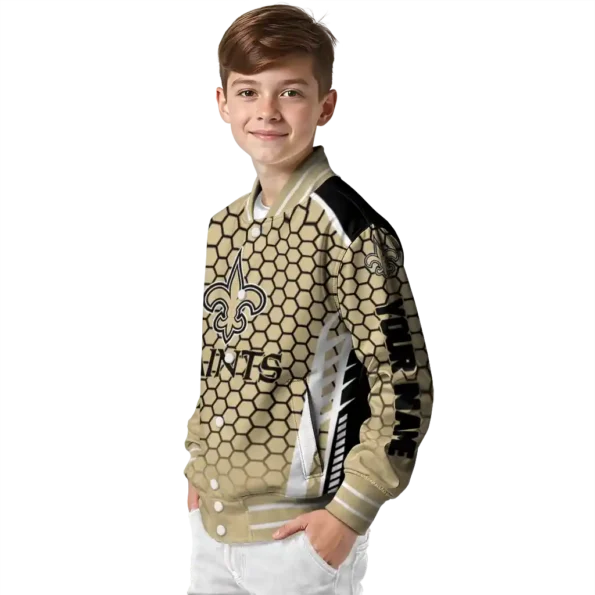 personalized new orleans saints hexagon grid gold varsity jacket trendy