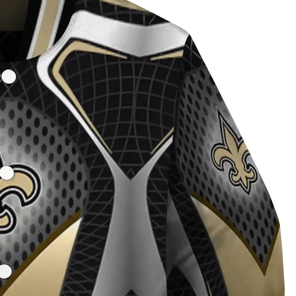 personalized new orleans saints mesh chest black crocs black varsity jacket premium grade