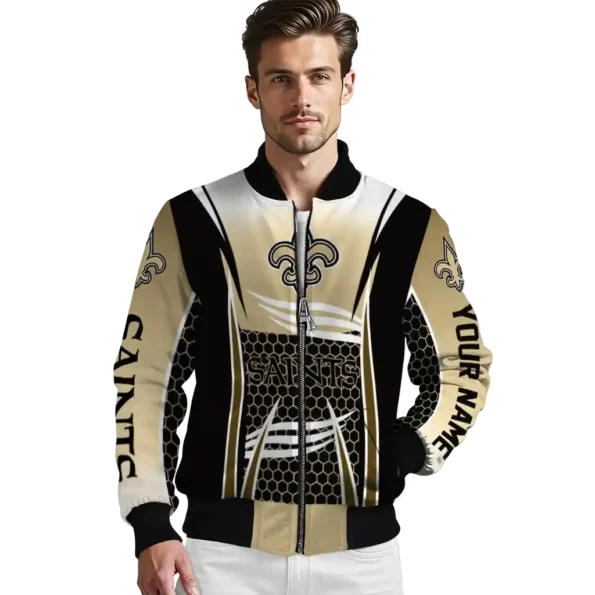 personalized new orleans saints mesh effect gold black bomber jacket high quality