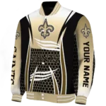 personalized new orleans saints mesh effect gold black varsity jacket best selling