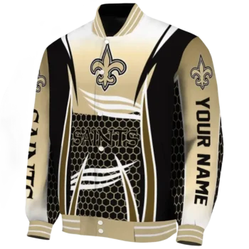 personalized new orleans saints mesh effect gold black varsity jacket best selling