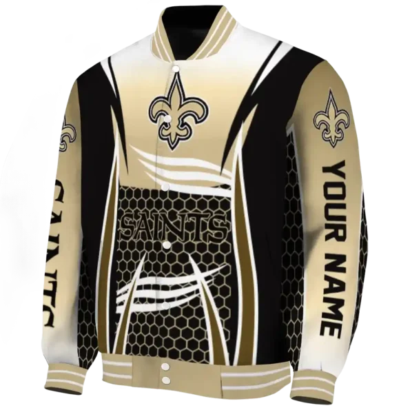 personalized new orleans saints mesh effect gold black varsity jacket best selling