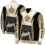 personalized new orleans saints mesh effect gold black varsity jacket best selling