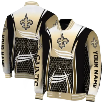 personalized new orleans saints mesh effect gold black varsity jacket fashion forward