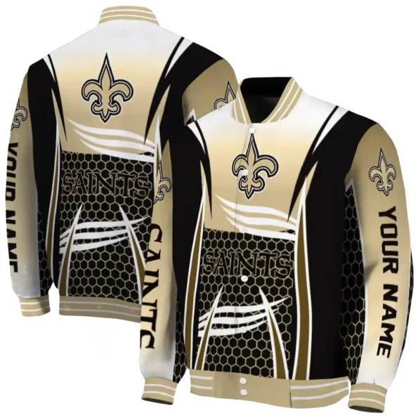personalized new orleans saints mesh effect gold black varsity jacket fashion forward