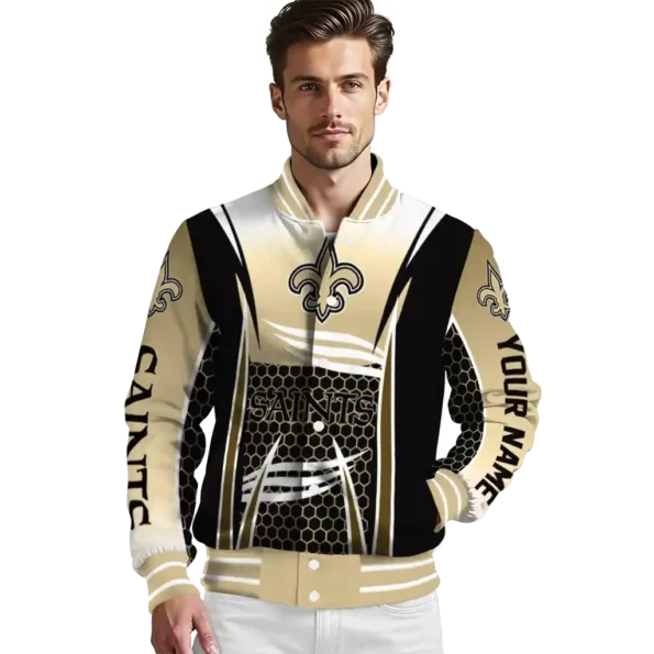 personalized new orleans saints mesh effect gold black varsity jacket high quality