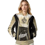 personalized new orleans saints mesh effect gold black varsity jacket best selling