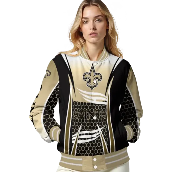 personalized new orleans saints mesh effect gold black varsity jacket latest model