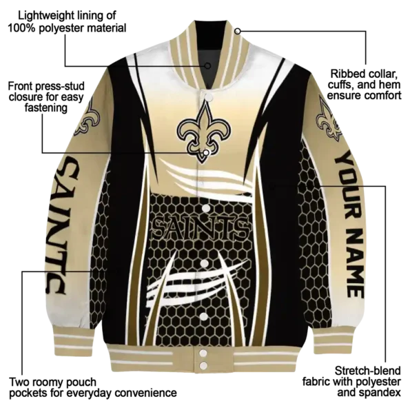 personalized new orleans saints mesh effect gold black varsity jacket new arrival