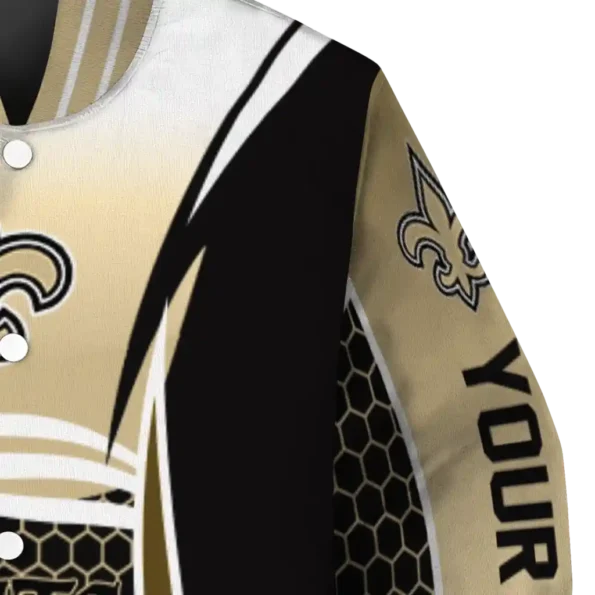 personalized new orleans saints mesh effect gold black varsity jacket premium grade