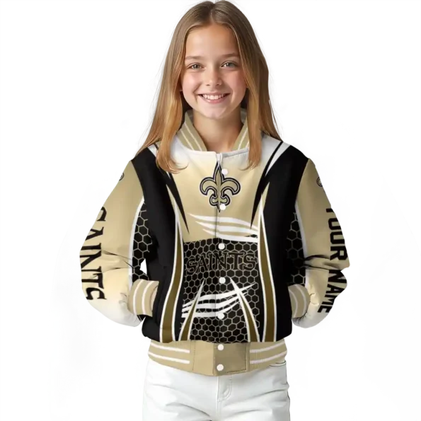 personalized new orleans saints mesh effect gold black varsity jacket top rated