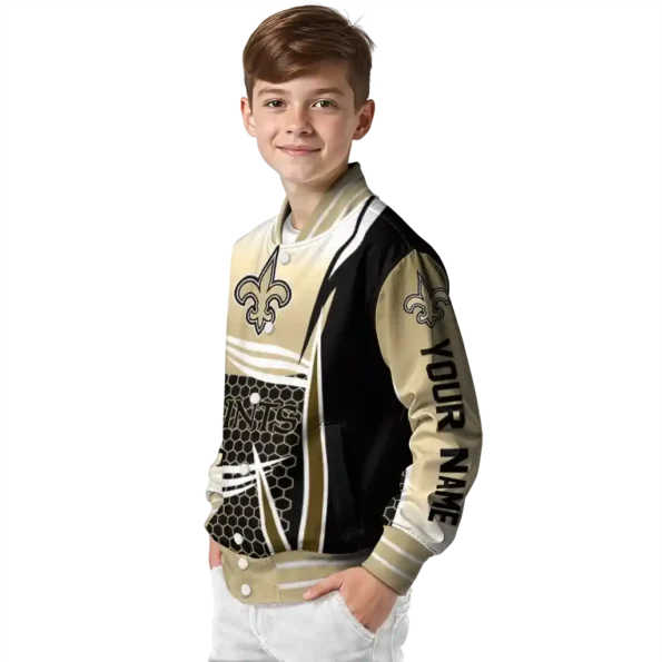 personalized new orleans saints mesh effect gold black varsity jacket trendy