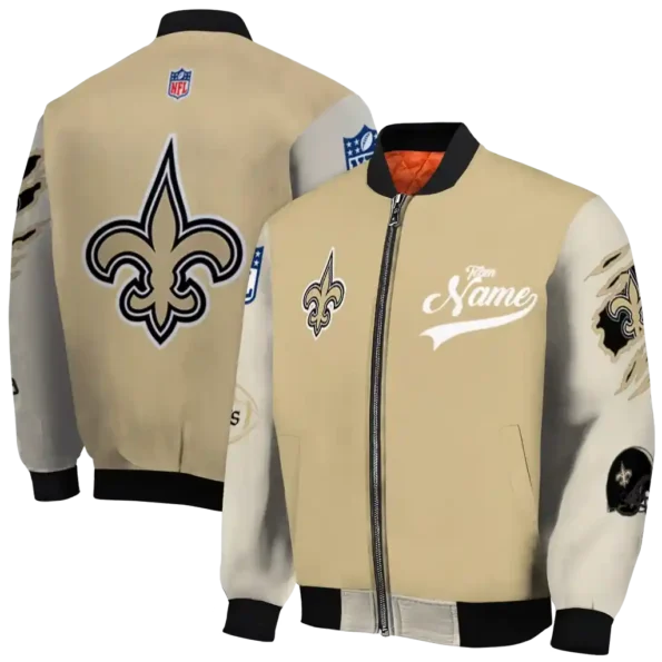 personalized new orleans saints razorback outline gold nude bomber jacket fashion forward