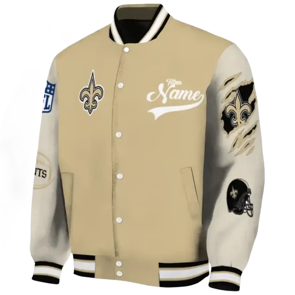 personalized new orleans saints razorback outline gold nude varsity jacket best selling