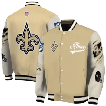 personalized new orleans saints razorback outline gold nude varsity jacket fashion forward