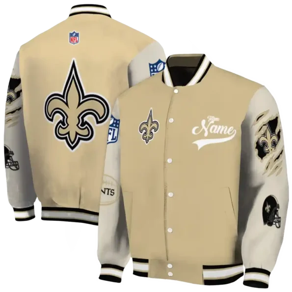 personalized new orleans saints razorback outline gold nude varsity jacket fashion forward