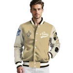 personalized new orleans saints razorback outline gold nude varsity jacket best selling