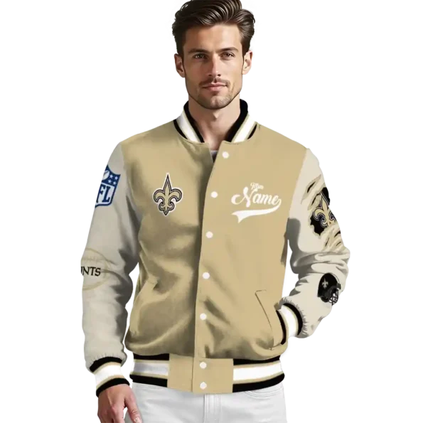 personalized new orleans saints razorback outline gold nude varsity jacket high quality