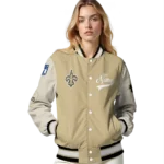 personalized new orleans saints razorback outline gold nude varsity jacket best selling