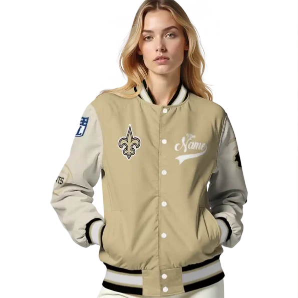 personalized new orleans saints razorback outline gold nude varsity jacket latest model