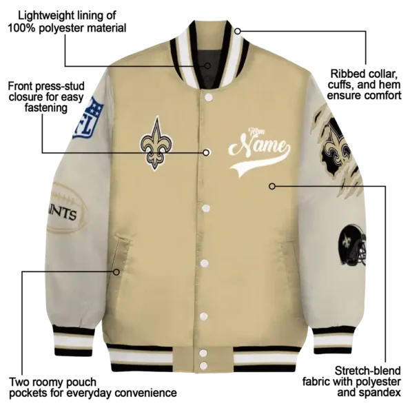 personalized new orleans saints razorback outline gold nude varsity jacket new arrival