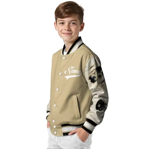 personalized new orleans saints razorback outline gold nude varsity jacket trendy