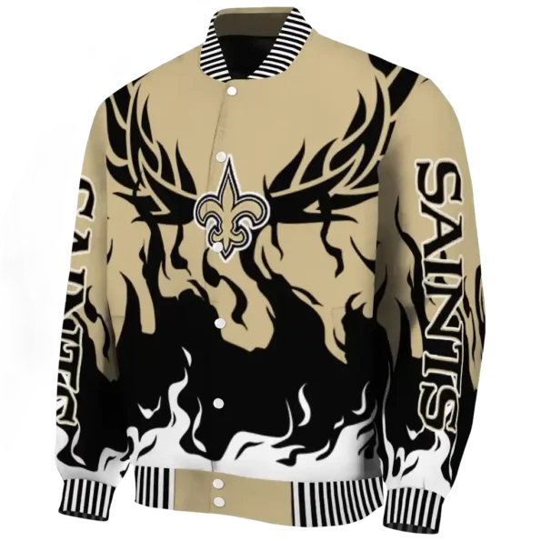 personalized new orleans saints winged blaze gold white varsity jacket best selling