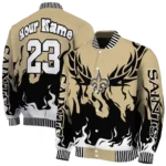 personalized new orleans saints winged blaze gold white varsity jacket best selling