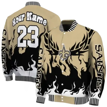 personalized new orleans saints winged blaze gold white varsity jacket fashion forward