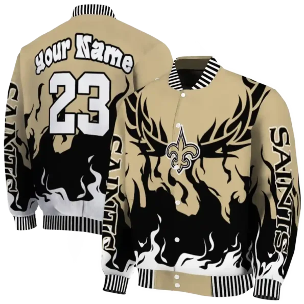 personalized new orleans saints winged blaze gold white varsity jacket fashion forward