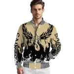 personalized new orleans saints winged blaze gold white varsity jacket best selling