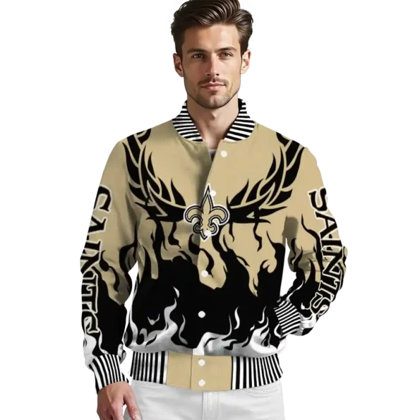 personalized new orleans saints winged blaze gold white varsity jacket high quality