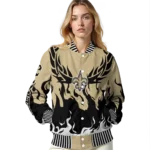 personalized new orleans saints winged blaze gold white varsity jacket best selling