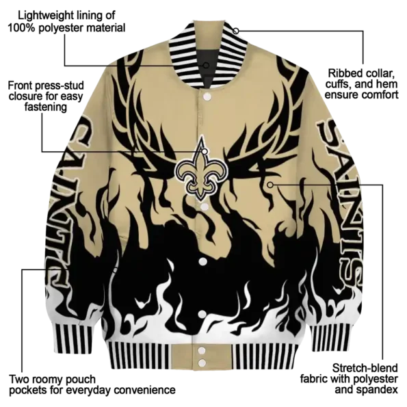 personalized new orleans saints winged blaze gold white varsity jacket new arrival